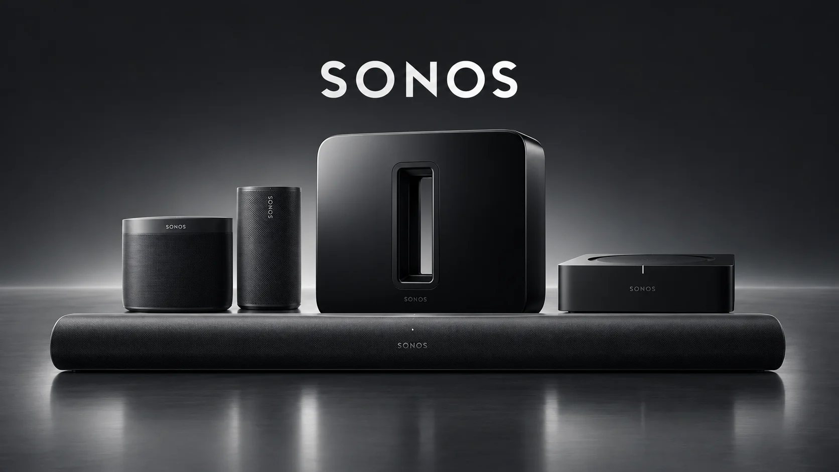 Sonos soundbar, subwoofer, speakers and amp in graphite
